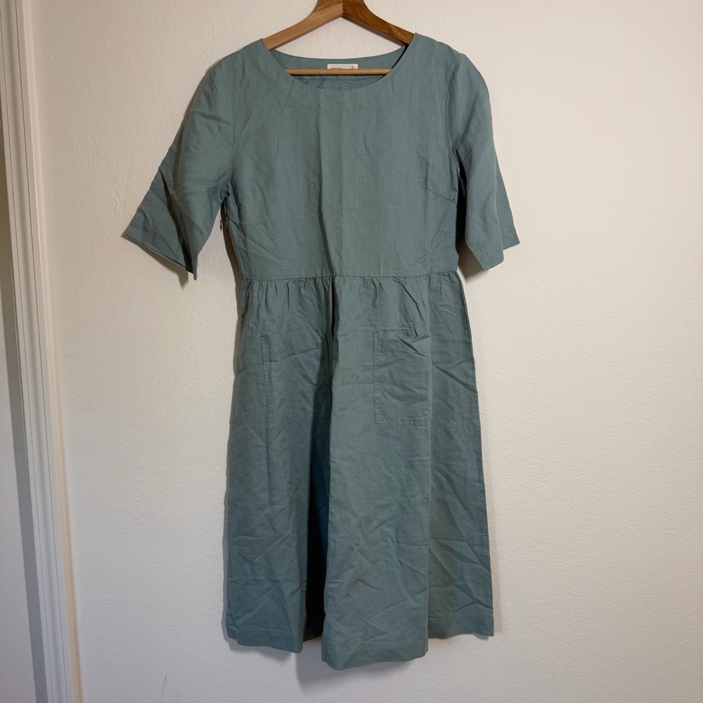 Grae Cove Linen Midi Prairie Peasant Dress Size Small Blue Minimalist Lagenlook